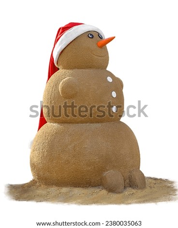 A beautiful, creative snowman made of sand wearing a red Santa Claus Christmas hat. Christmas and New Year in southern countries on vacation.