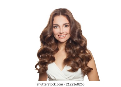 Beautiful curly hair model. Cute woman with wavy long hair isolated on white background portrait  - Shutterstock ID 2122168265