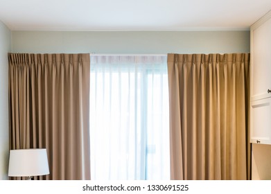Beautiful curtains with ring-top rail, Curtain interior decoration in living room - Shutterstock ID 1330691525