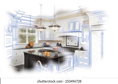 Beautiful Custom Kitchen Blue Design Drawing and Photo Combination.