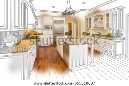Beautiful Custom Kitchen Design Drawing and Brushed In Photo Combination. Foto stock © 