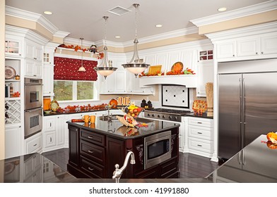 Beautiful Custom Kitchen Interior With Fall Decorations In A New House