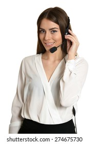 Beautiful Customer Service Operator Woman With Headset, Isolated On White Background