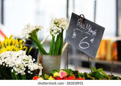 Beautiful Cut Flowers Sold On Outdoor Flower Shop In Paris, France 