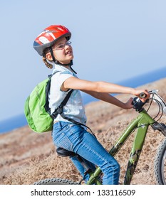 Beautiful Cute Girl On Bike, Lanzarote. Canary