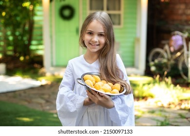 Beautiful Cute Happy Kid Girl With Colander Full Of Apricots Is Gathering Harvest In Summer Garden. Portrait Of Happy Little Girl With Long Hair, Looking At Camera. Smiling Brunette Child Model. 