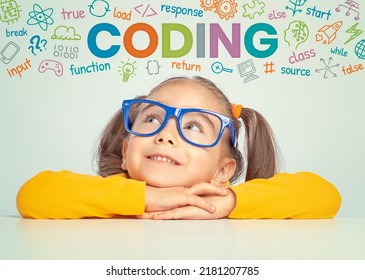 Beautiful Cute Little Girl With Eyeglasses Looking At Colorful CODING Word, Symbols And Commands Above Her Head. Kid Programmer Learn Coding. Programming Languages Concept.  