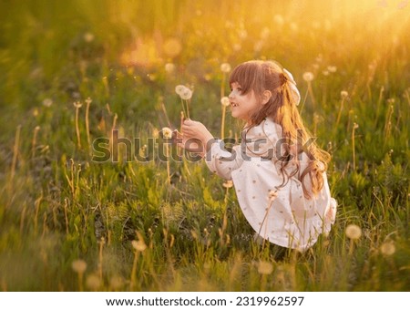 Beautiful cute little preschool girl holding a dandelion flower on the nature in the summer. Happy healthy handsome toddler child on the green field. Bright sunset light. High quality photo