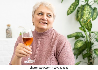 Beautiful Cute Old Woman Drinking Wine Close-up