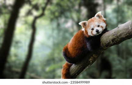 A beautiful cute red panda is lying on a branch of a tree in the forest. . Red pandas are facing forward - Powered by Shutterstock