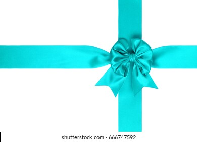 Beautiful Cyan Gift Bow With Two Crossed Satin Ribbons On White Background