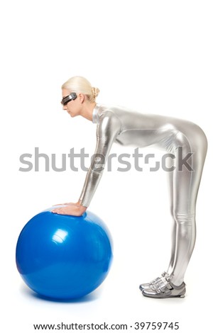 Beautiful cyber woman doing stretching exercise