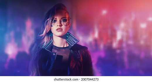 A beautiful cyberpunk girl stands against the backdrop of the night city of the future. Cyberpunk concept. Technology and fashion.