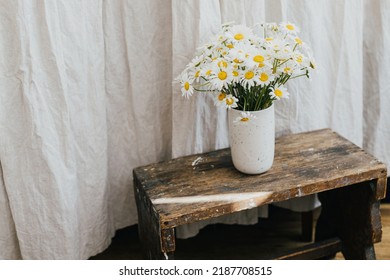 Beautiful Daisy Flowers On Wooden Rural Chair In Rustic Room. Summer Vibes, Simple Home Decor In Countryside. Daisy Bouquet In Modern Ceramic Vase In Sunny Room. Copy Space