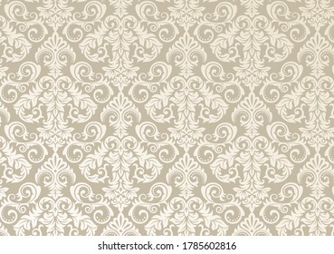 Beautiful damask pattern of brown and beige colors. Royal design with floral ornament. Seamless wallpaper with a damascus tile texure. Raster illustration.