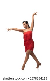 Beautiful Dancer In Stylish Dress With Fringe Performing Tango On White Background