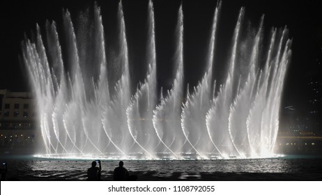 Beautiful Dancing Fountains In Dubai In Night Time.