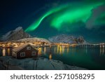 Beautiful and dancing northern light or aurora borealis over the famouse tourist destination Lofoten Island, Norway