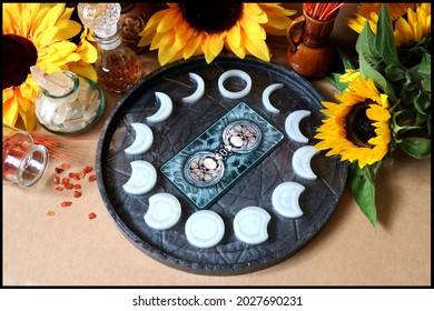 Beautiful Dark Plate With Moon Phases And Tarot Card, Wiccan Altar, Witchraft