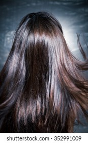 Beautiful Dark Shiny Long Woman Hair In Motion, Back View, Studio Shot