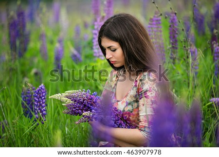 Similar – Woman posing in field of white flowers