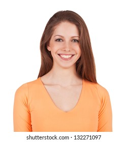 Beautiful Dark-haired Woman In An Orange Shirt