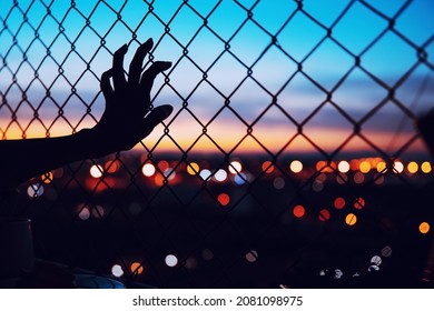 Beautiful dawn sun shines through wire fences and bokeh lights the city's natural beauty.