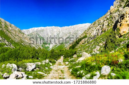 Beautiful day on mountain top. Mountain trail landscape