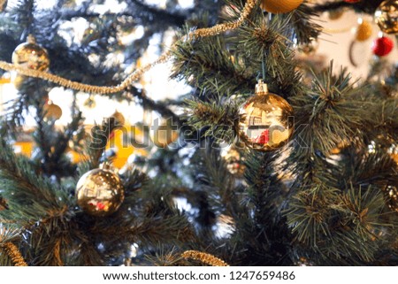 Beautiful decorated christmas tree with balls.Holiday and new year background and card                  