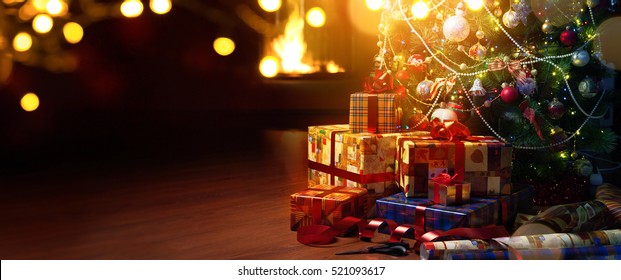 Beautiful Decorated Christmas Tree; Holidays Present Boxes And Fireplace On Red Background
