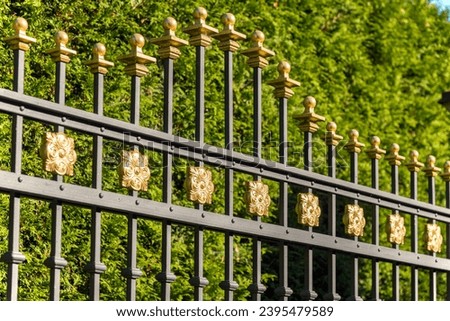 Beautiful decorative cast metal wrought fence with artistic forging. Iron guardrail close up. Stock photo © 