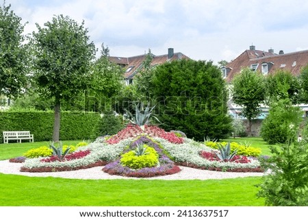 beautiful decorative flower beds in cultivated epoch-spanning English palace park, residence Landgraves of Hesse-Homburg, landscape design