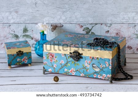 Beautiful decoupaged and gilded jewellwry boxes