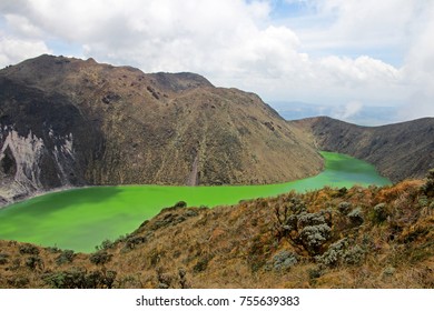 The beautiful deep green colors of Laguna Verde lake in Narino, Colombia.
