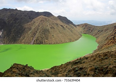 The beautiful deep green colors of Laguna Verde lake in Narino, Colombia.