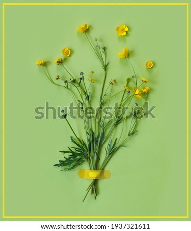 Beautiful delicate postcard with pattern of yellow buttercup flowers for holiday greeting or invitation.
Flat lay, top view, copy space concept. Creative green trending background.