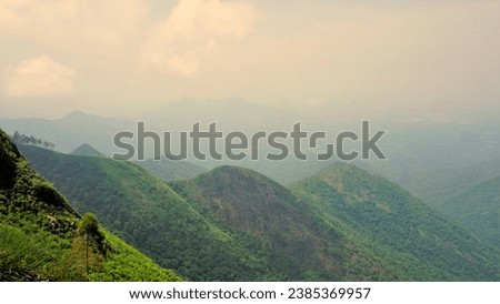Beautiful dense greener landscapes of kodaikanal hillstation filled with mist and cloudy sky during sunset or sunrise. Scenic view from hilltop during golden hour.