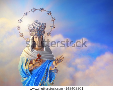 Beautiful depiction of the Virgin Mary with crown of stars in the heavens