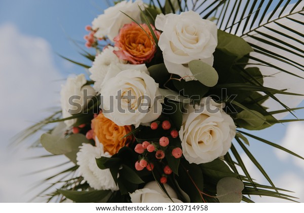 Beautiful Destination Beach Wedding Flower Bouquet Stock