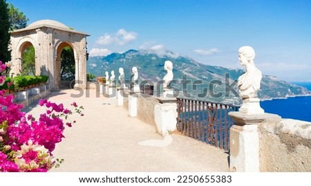 beautiful details of Ravello village, Amalfitana coast of Italy at summer with flowers, web banner format