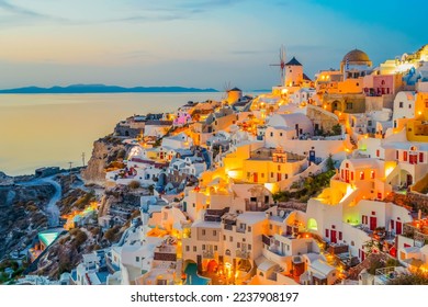 beautiful details of Santorini island, night lights of Oia village at blue night, Santorini Greece, toned - Shutterstock ID 2237908197
