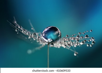 Beautiful dew drops on a dandelion seed macro. Beautiful soft light blue and violet background. Water drops on a parachutes dandelion on a beautiful blue. Soft dreamy tender artistic image form. - Shutterstock ID 410609533