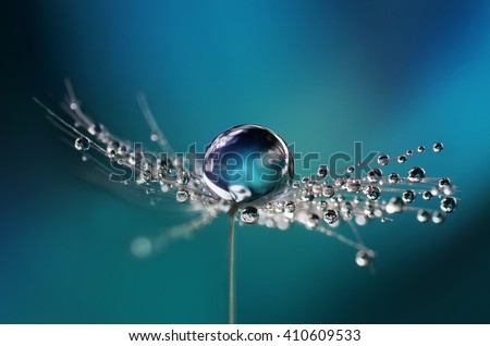 Beautiful dew drops on a dandelion seed macro. Beautiful soft light blue and violet background. Water drops on a parachutes dandelion on a beautiful blue. Soft dreamy tender artistic image form.