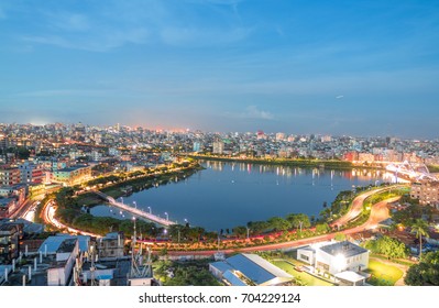 Beautiful Dhaka City's Landmark - Urban Night Buildings Landscape Skyline, Hatirjheel Lakefront View, Bangladesh - Drone Birds Eye View