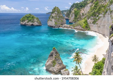 Beautiful Diamond Beach at Nusa Penida, Bali, Indonesia. Delightful seascape, waves, blue sea and rocks.