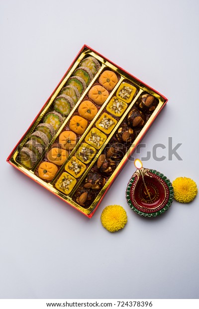 Beautiful Diwali Diya Sweets Mithai Arranged Stock Photo 724378396