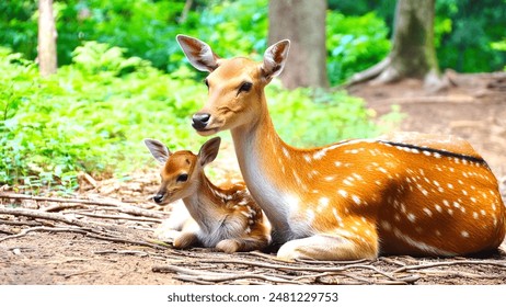 Beautiful doe and her fawn resting peacefully in a lush forest, showcasing the serene bond between mother and baby deer.
