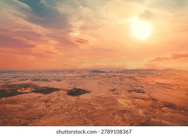 Beautiful dramatic sunset over the desert. Nature landscape. Makhtesh Ramon Crater, Israel