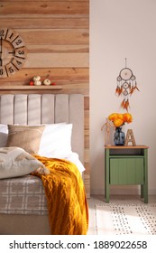 Beautiful Dream Catcher Hanging Near Bed In Stylish Room Interior