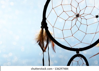 Beautiful Dream Catcher On Blue Background With Lights